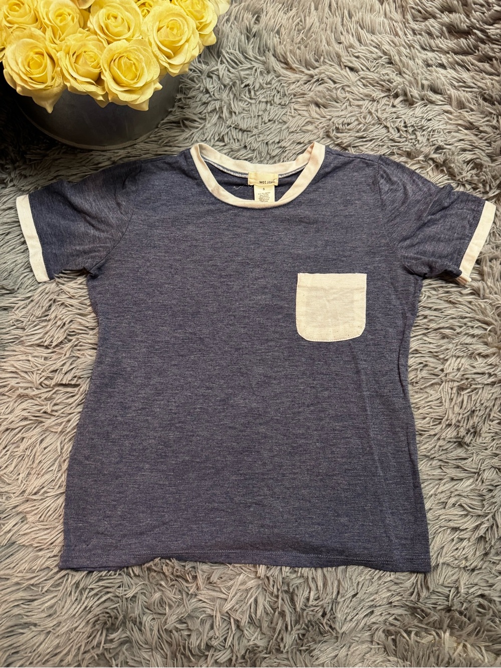 Wet Seal Navy Blue Tee with Cream Trim and Pocket